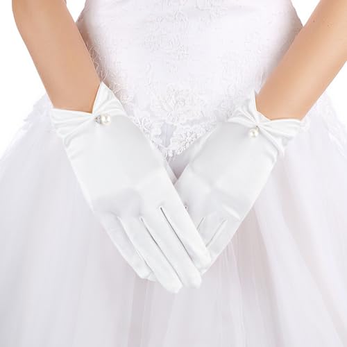 TIESOME Kurze Handschuh, Satin Handschuhe, Weiße Braut Handschuhe Damen Elegant Brauthandschuhe Blumenhandgelenk Spitzenhandschuhe Höflichkeits Sommer Hochzeits Oper Dinner Handschuhe von TIESOME