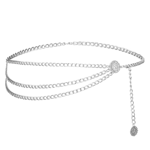 TIESOME Mehrschichtiger Taillenkettengürtel Damen Verstellbare Waist Chain Taillenkette für Jeanskleider, Goldene Bauchkette, 96cm(Silber) von TIESOME