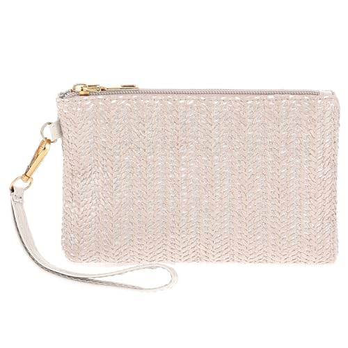 TIESOME Stroh Clutch Geldbörsen für Damen, aus Stroh gewebte Handgelenk Geldbörse Sommer Strand Stroh Handtasche mit Reißverschluss Boho Geldbörse aus Korbgeflecht(Weiß) von TIESOME