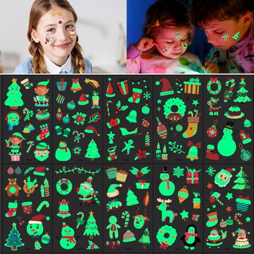 TIESOME Weihnachten leuchtende temporäre Tattoos für Kinder, 10 Blatt im Dunkeln leuchtende Tattoo Aufkleber Weihnachtsstrumpffüller Weihnachtsgeschenke Weihnachtsstrumpffüller (B) von TIESOME