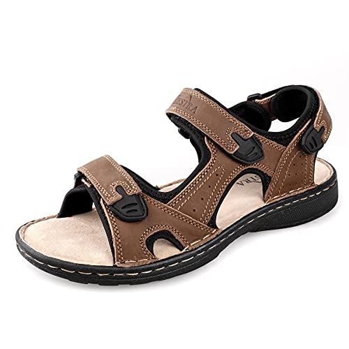 TIESTRA Sandalen Herren Leder Outdoor Sport Wandersandalen mit Fußbett, Sommer Trekkingsandalen Strand Ledersandalen Männer Klettverschluss Braun UK9/43EU von TIESTRA