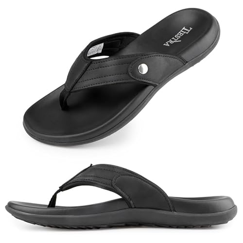 TIESTRA Herren Flip Flops Sommer Zehentrenner Rutschfestet Arch Support Comfy Weich Badelatschen Strand Sandalen Schwarz Gr. 43 von TIESTRA