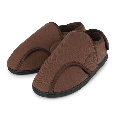 TIESTRA Hausschuhe Damen Herren Schuhe Extra Weit mit Klettverschluss Breit Senioren Schuhe Memory Foam Sohle für Geschwollene Füße, Braun UK8/EU42 von TIESTRA