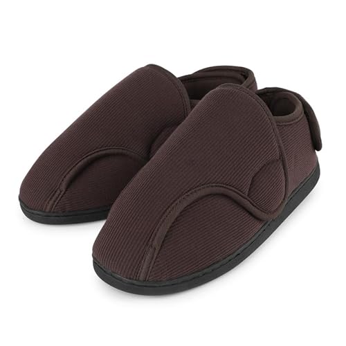 TIESTRA Hausschuhe Damen Herren Schuhe Extra Weit mit Klettverschluss Breit Senioren Schuhe Memory Foam Sohle für Geschwollene Füße, Kaffee UK8/EU42 von TIESTRA