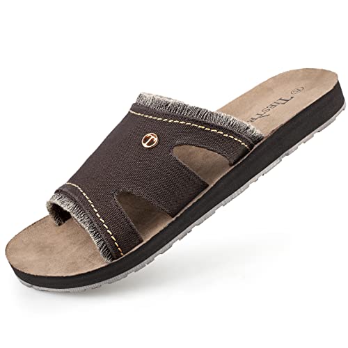 TIESTRA Herren Pantolette Canvas Strand Herren Sandalen Männer Slipper Bequeme Leichte Mode Sommer Urlaub Slide Sandal Braun UK10/44EU von TIESTRA