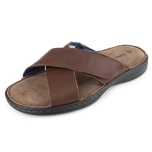 TIESTRA Herren Pantoletten Leder sandalen Klettverschluss Offener Zeh Latschen Weiche Sommer Freizeit Rutschfeste Gummisohle Meer Strand Outdoor Braun Größe 42 von TIESTRA