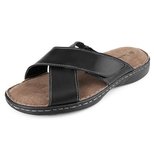 TIESTRA Herren Pantoletten Leder sandalen Klettverschluss Offener Zeh Latschen Weiche Sommer Freizeit Rutschfeste Gummisohle Meer Strand Outdoor Schwarz Größe 41 von TIESTRA