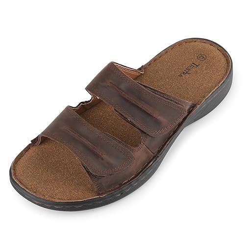 TIESTRA Pantoletten Herren Leder Klettverschluss Latschen Weiche Sommer Sandalen Rutschfeste Gummisohle Meer Strand Outdoor Braun EU42 von TIESTRA
