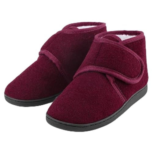 TIESTRA Warm Hausschuhe Damen Winter Lammfell Diabetiker Hausschuhe Breiter Fuß Filzpantoffeln Mit Memory Foam Sohle,Filz Herrenhausschuhe Mit Klettverschluss,Rot 41 von TIESTRA
