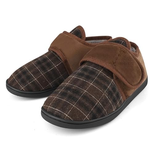 TIESTRA Warm Hausschuhe Herren Beflockung Diabetiker Hausschuhe Breiter Fuß Filzpantoffeln Mit Memory Foam Sohle,Filz Herrenhausschuhe Mit Klettverschluss,Braun Gestreift Größe 47 von TIESTRA
