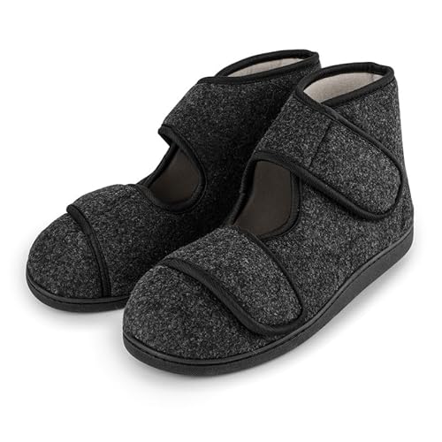 TIESTRA Hausschuhe Herren Diabetiker Breiter Fuß Filzpantoffeln Mit Memory Foam Sohle, Senioren Hausschuhe Verbandschuh Sandalen, Grau 45 von TIESTRA