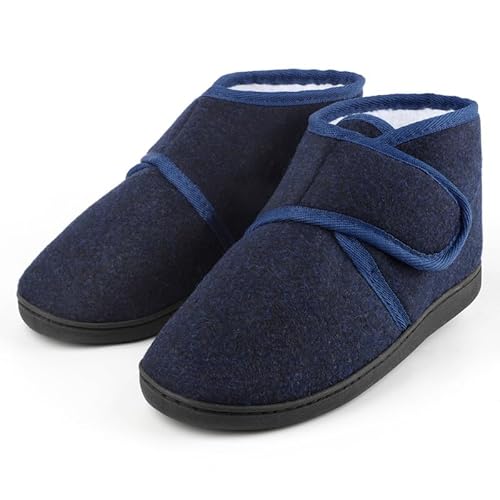 TIESTRA Warm Hausschuhe Herren Winter Lammfell Diabetiker Hausschuhe Breiter Fuß Filzpantoffeln Mit Memory Foam Sohle,Filz Herrenhausschuhe Mit Klettverschluss,Blau 46 von TIESTRA