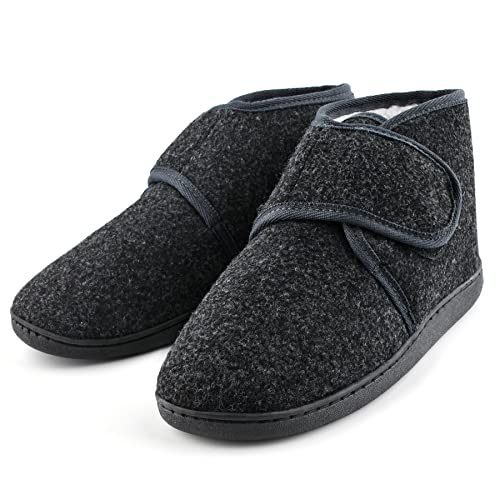 TIESTRA Warm Hausschuhe Herren Winter Kunststoffe Lammfell Diabetiker Hausschuhe Breiter Fuß Filzpantoffeln Mit Memory Foam Sohle, Filz Herrenhausschuhe Mit Klettverschluss Flach,Größe 47 von TIESTRA