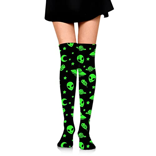 Damen-Socken, modisch, weich, oberschenkelhoch, über dem Knie, Beinwärmer, Baumwollstrümpfe für Weihnachten, Party, Cosplay, Alltag, Green Alien Moon Spaceships Planet Schwarz, Einheitsgröße von TIETIE