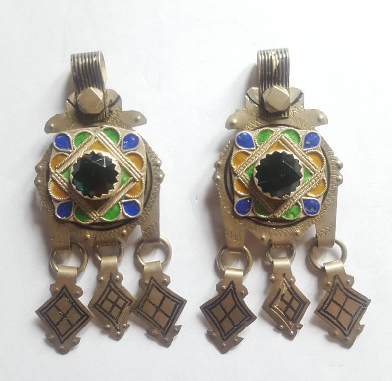 Marokko - Alt Paar Silberne Emaille- Und Glas-Cabochon-Anhänger von TIFINAGH