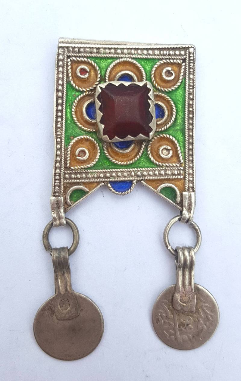 Marokko - Berber Anhänger Silber, Emailliert Und Glaswaren in Cabochon Für Halskette von TIFINAGH