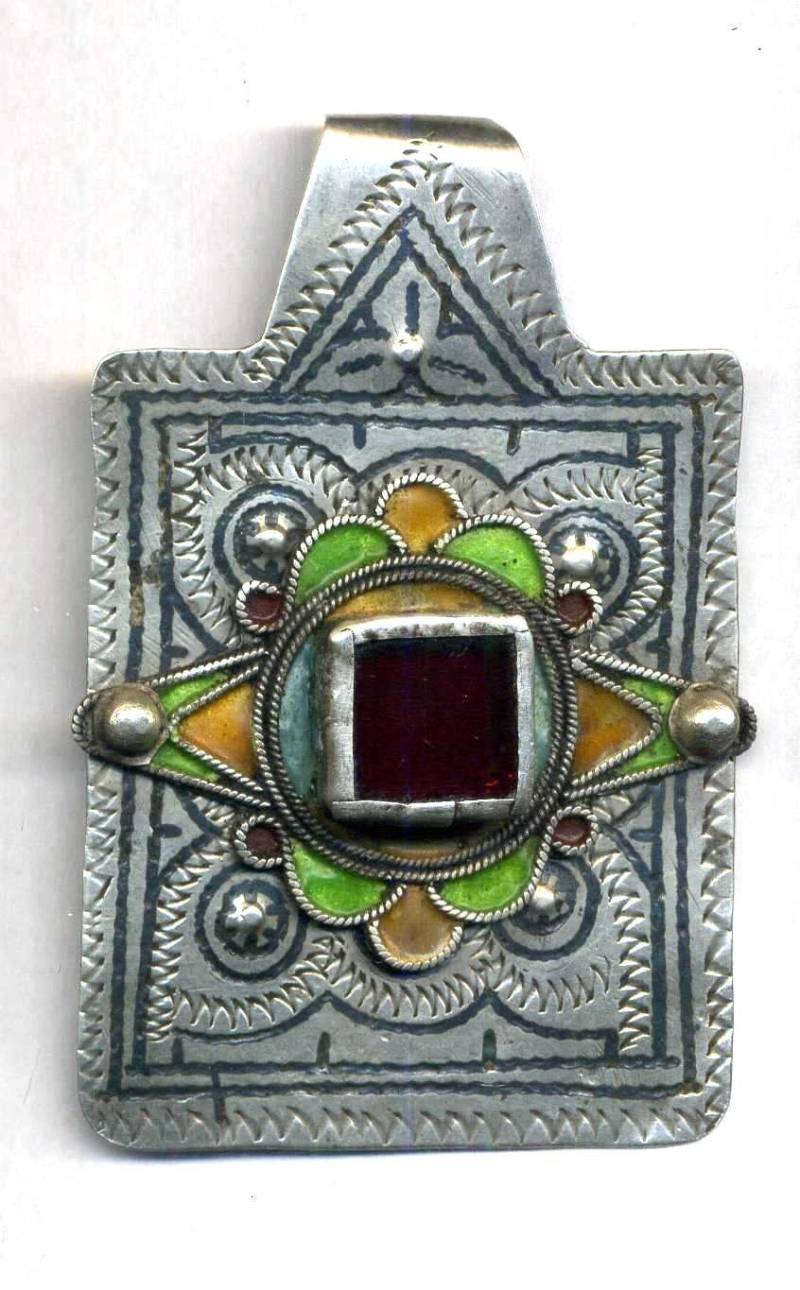 Marokko Berber-Anhänger in Silber, Dh, Rotem Glas Und Emaille Von Tiznit - Des Südens von TIFINAGH
