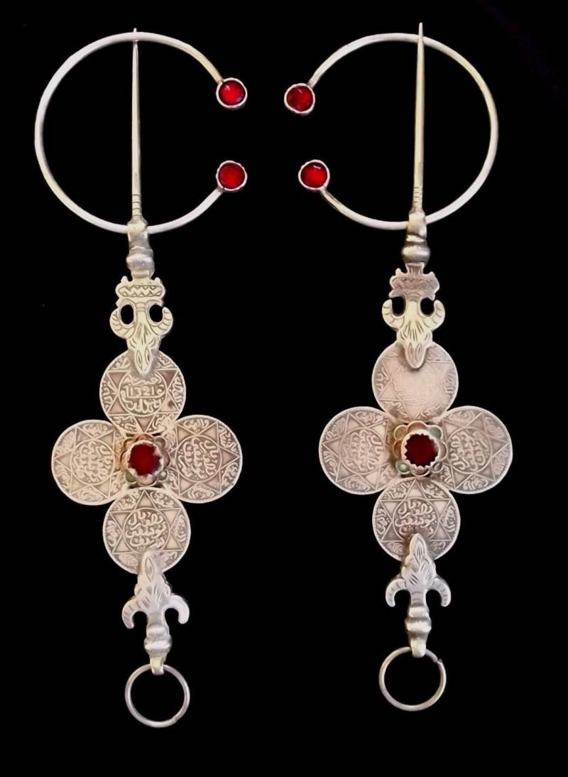 Marokko - Ehemalige Paar Fibeln Tizerzai in Silber Und Cabochon Rotes Glas Südliche Region von TIFINAGH