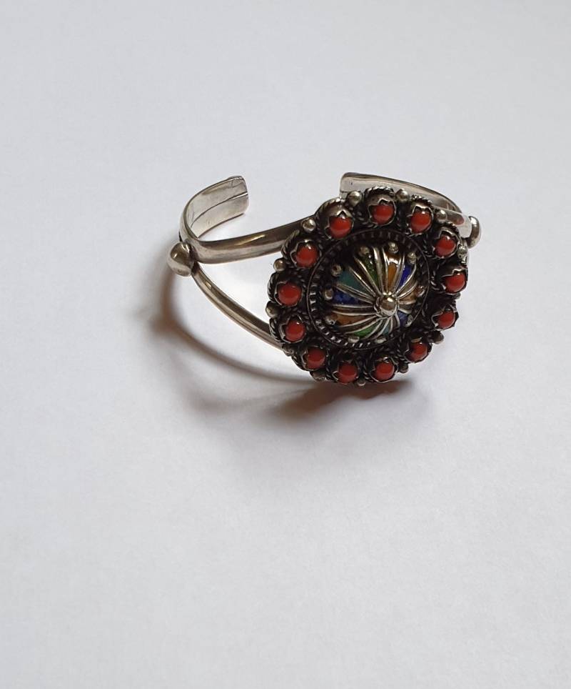 Marokko - Offenes Berberarmband in Silber, Emaille Und Koralle Perlen Süd-Marokko von TIFINAGH