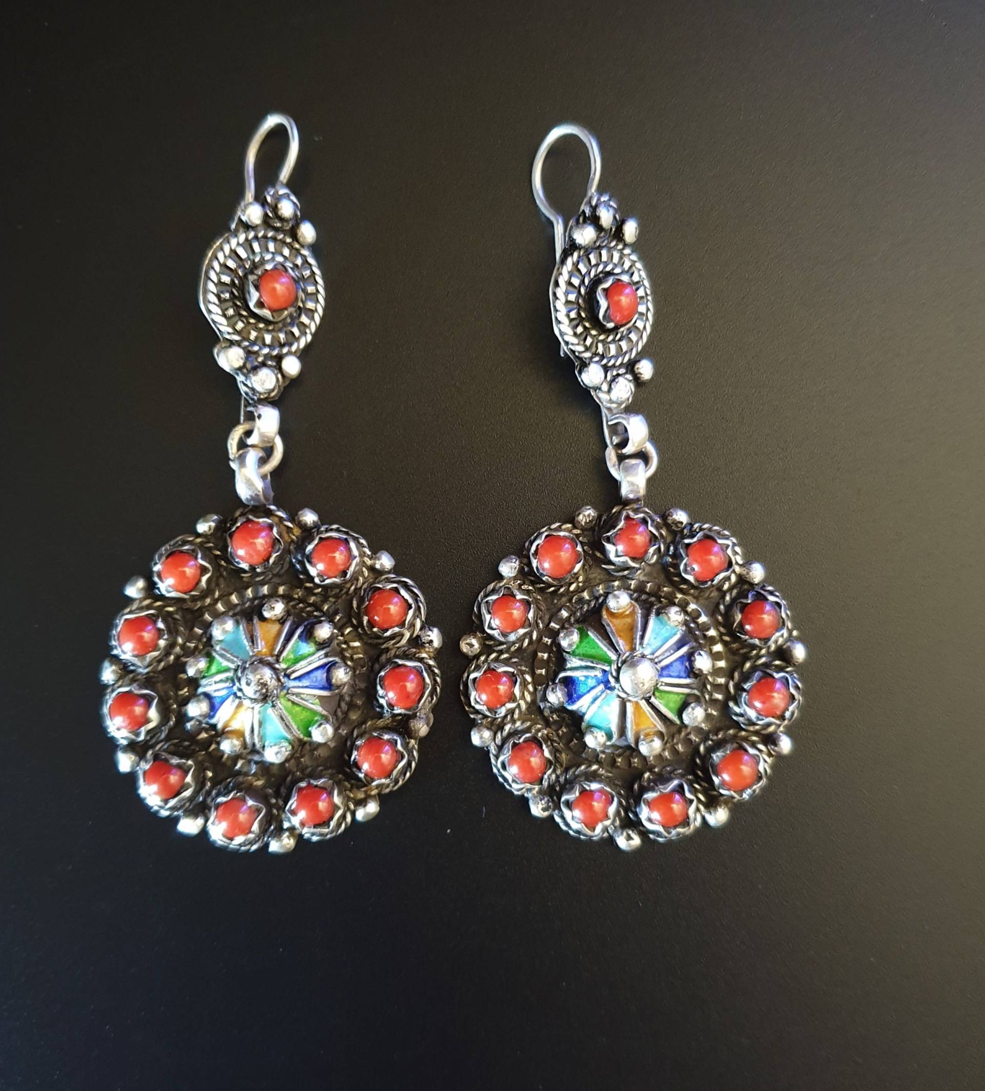 Marokko - Paar Berber-Ohrringe Aus Silber, Emaille Südmarokko von TIFINAGH