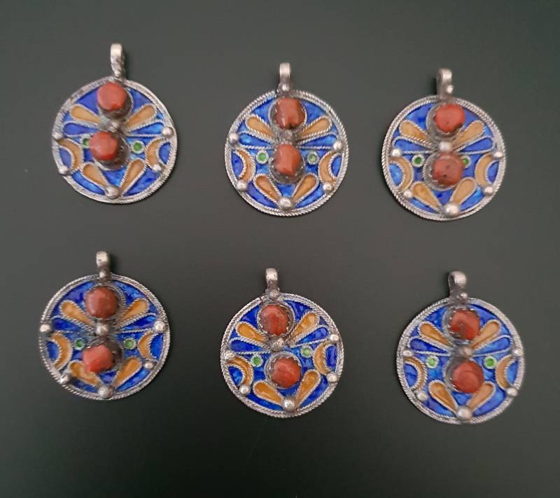 Marokko - Set 6 Sterling Silber, Emaille Und Echte Korallen Für Halskette von TIFINAGH