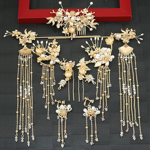 Handgefertigte Braut-Hochzeits-Haarnadeln, Hochzeits-Haarnadel, Braut-Haarnadeln, Hanfu-Braut-Kopfschmuck-Set, Quaste, Phönix-Krone und Roben des Ranges, Haar-Accessoires, Hochzeits-Accessoires-Kopfsc von TIFONY