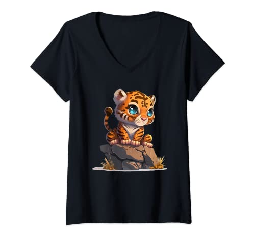 Damen Tiger süß T-Shirt mit V-Ausschnitt von Tiger