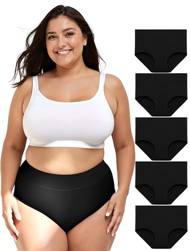 TIICHOO Baumwoll Unterhosen Damen Große Größen High Waist Damen Unterwäsche 5er Pack(XL, 5 Schwarz) von TIICHOO