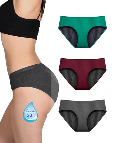 TIICHOO Damen Periodenunterschwäsche Starke Blutung Weiche Bequem Periodenslip für Menstruation Schwangere 3er Pack (3XL, Forstgrün/Burgund/Grau) von TIICHOO