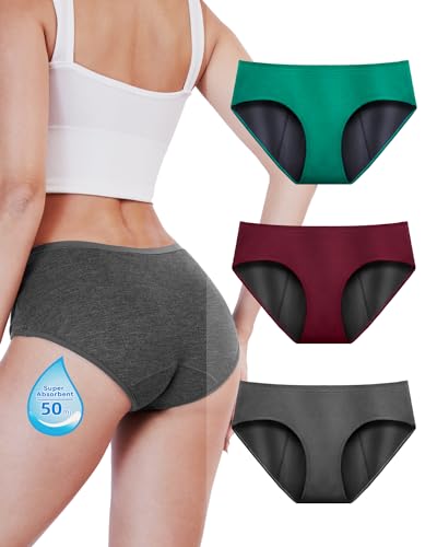 TIICHOO Damen Periodenunterschwäsche Starke Blutung Weiche Bequem Periodenslip für Menstruation Schwangere 3er Pack (S, Forstgrün/Burgund/Grau) von TIICHOO