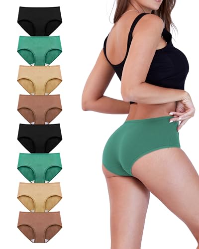 TIICHOO Damen Unterwäsche Slip Baumwolle Frauen Panty Unterhosen Damen Mehrpack 8er Pack(L, 2Schwarz/2Türkisgrün/2Beige/2Toffee) von TIICHOO