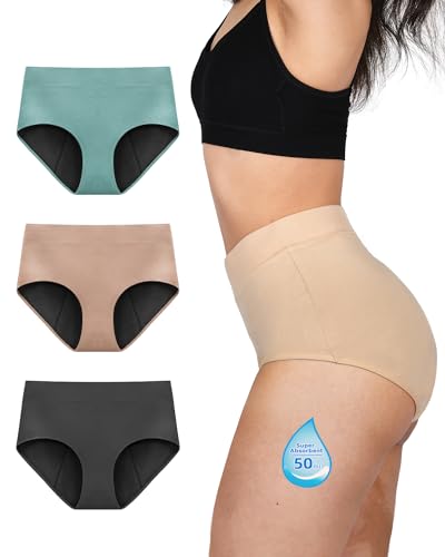 TIICHOO High Waist Perioden Unterwäsche Starke Blutung Bequem Periodenslip Menstruationsunterwäsche 3er Pack (42, Dunkelgrau/Türkisgrün/Beige) von TIICHOO