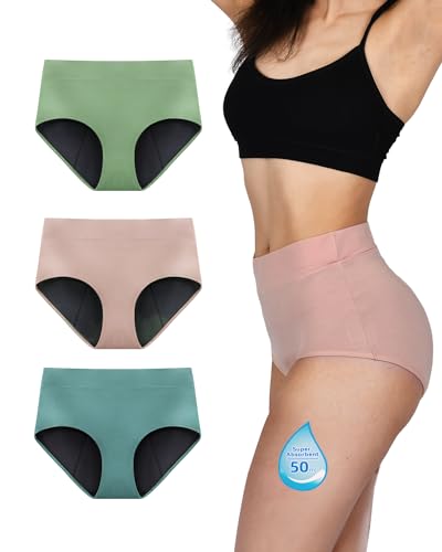 TIICHOO High Waist Perioden Unterwäsche Starke Blutung Wochenbett Schwangerschaft Unterhosen Periodenslip 3er Pack (40, Matcha Grün/Türkis Grün/Roségold) von TIICHOO