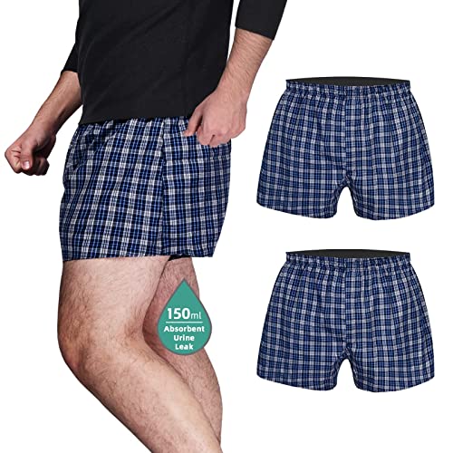 TIICHOO Inkontinenz Pants Männer Waschbar und Wiederverwendbar Normale Saugfähigkeit Inkontinenz Slip Herren Auslaufsichere Boxershorts mit Eingriff 2er Pack(3X-Large, 2 Blau Kariert) von TIICHOO