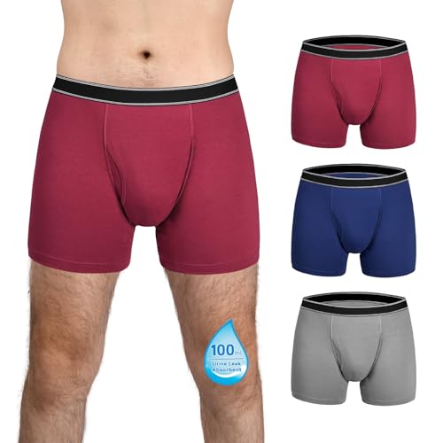 TIICHOO Inkontinenz Slip Herren Waschbar Regelmäßige Saugfähigkeit 100ml Inkontinenz Pants Männer Baumwolle Boxershorts 3er Pack (Large, Burgunder/Marineblau/Grau) von TIICHOO