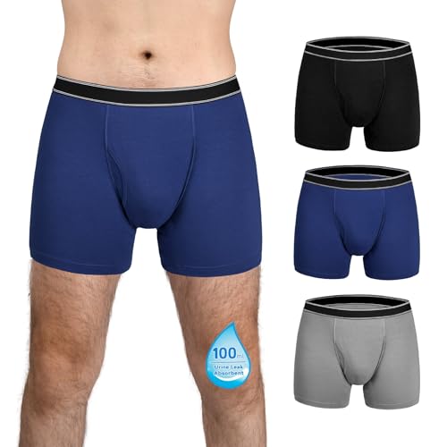 TIICHOO Inkontinenz Slip Herren Waschbar Regelmäßige Saugfähigkeit 100ml Inkontinenz Pants Männer Baumwolle Boxershorts 3er Pack (X-Large, Schwarz/Marine/Grau) von TIICHOO