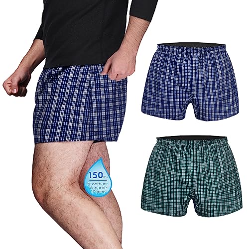 TIICHOO Inkontinenz Slip Herren Waschbar und Wiederverwendbar Normale Saugfähigkeit Inkontinenz Pants Männer Auslaufsichere Boxershorts mit Eingriff 2er Pack (Small, Blau Kariert& Grün Kariert) von TIICHOO