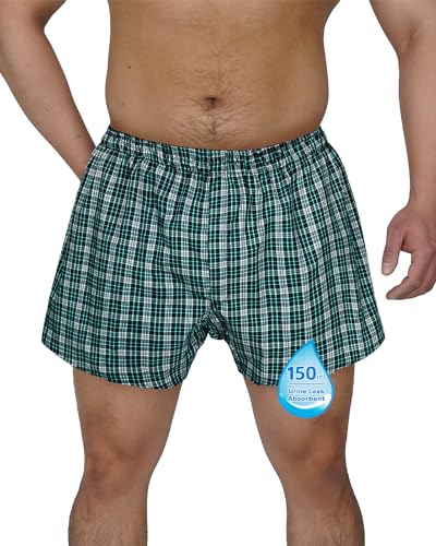 TIICHOO Inkontinenzhosen für Männer Waschbare Inkontinenz Slip Herren Normale Saugfähigkeit Wiederverwendbar Bequem Boxershorts Mit Eingriff 1er Pack (3X-Large, 1 Grün Kariert) von TIICHOO
