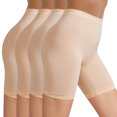 TIICHOO Kurze Leggings Damen Unterröcke Unter Kleid Rock Anti Scheuern Radlerhose Damen 4er Pack (M, 4 Beige) von TIICHOO