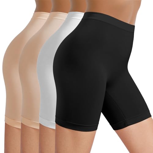TIICHOO Kurze Leggings Damen Unterröcke Unter Kleid Rock Anti Scheuern Radlerhose Damen 4er Pack (S, 1Schwarz/1Weiß/2Beige) von TIICHOO