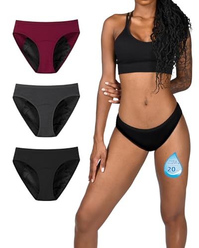 TIICHOO Periodenunterschwäsche Starke Blutung Damen Mädchen Weiche Perioden Bikini-Stil Bottoms für Wochenbett Menstruation 3er Pack (M, Schwarz/Burgund/Grau) von TIICHOO