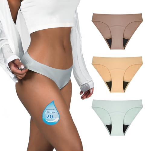 TIICHOO Perioden Unterwäsche Damen Seamless Mäßige Saugfähigkeit Weiche Mädchen Perioden Bikini Inkontinenz Unterwäsche 3er Pack (XS, Kaffee/Beige/Rauchgrün) von TIICHOO