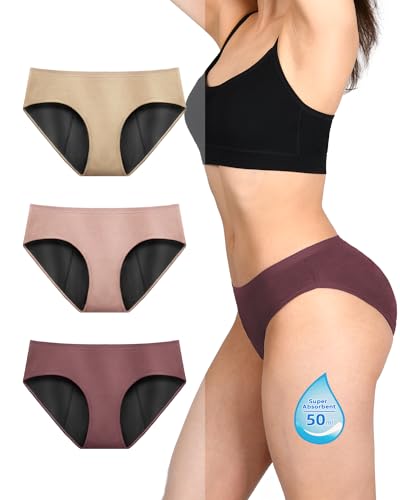 TIICHOO Periodenunterschwäsche Starke Blutung für Menstruation Wochenbett Schwangerschaft Unterhosen Damen 3er Pack (3XL, Braun/Roségold/Beige) von TIICHOO