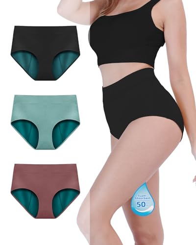 TIICHOO Perioden Unterwäsche Starke Blutung Extra Hohe Taille Periodenunterschwäsche Saugfähigkeit für Damen & Mädchen 3er Pack (S, Türkisblau/Schwarz/Braun) von TIICHOO