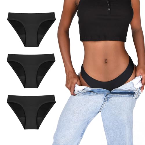 TIICHOO Periodenunterschwäsche Damen Extra Schutz Seamless Periode Bikinihose Glatt Inkontinenz Menstruationsunterwäsche 3er Pack (L, 3 Schwarz) von TIICHOO