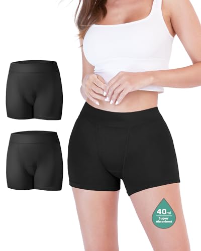 TIICHOO Periodenunterschwäsche Starke Blutung Damen Boxershorts Hohe Taille Perioden Unterwäsche 2er Pack(XX-Large, Schwarz) von TIICHOO