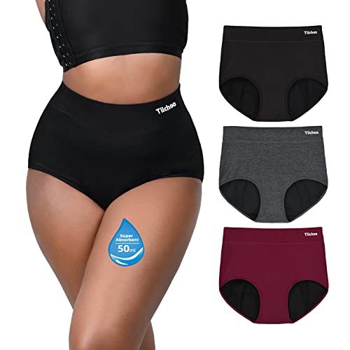 TIICHOO Periodenunterschwäsche Starke Blutung Hohe Taille Periodenslip Weiche Unterhosen Damen 3er Pack (40, Schwarz/Grau/Burgund) von TIICHOO