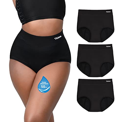 TIICHOO Periodenunterschwäsche Starke Blutung Hohe Taille Periodenslip Weiche Unterhosen Damen 3er Pack (36, 3 Schwarz) von TIICHOO