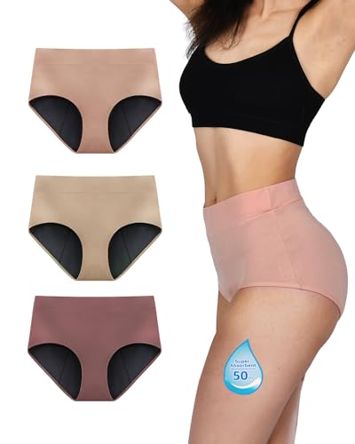 TIICHOO Periodenunterschwäsche Starke Blutung Hohe Taille Schwangerschaft Unterhosen Damen 3er Pack (40, Braun/Roségold/Beige) von TIICHOO