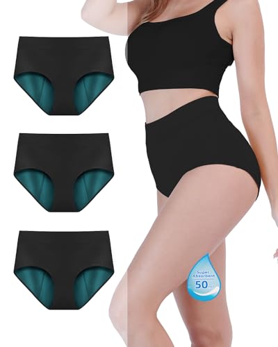 TIICHOO Periodenunterschwäsche Starke Blutung Hohe Taille Unterhosen Damen Bequem Menstruationsunterwäsche 3er Pack (L, 3 Schwarz) von TIICHOO